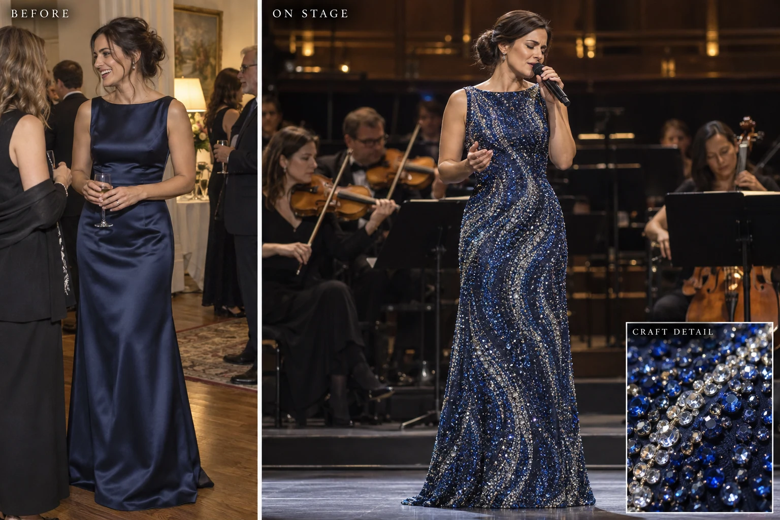 Midnight-blue gown reimagined with crystals — AI design concept